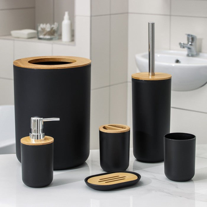 Set Elegant pentru baie format din 6 piese, ABS + lemn, culoare negru/maro-0