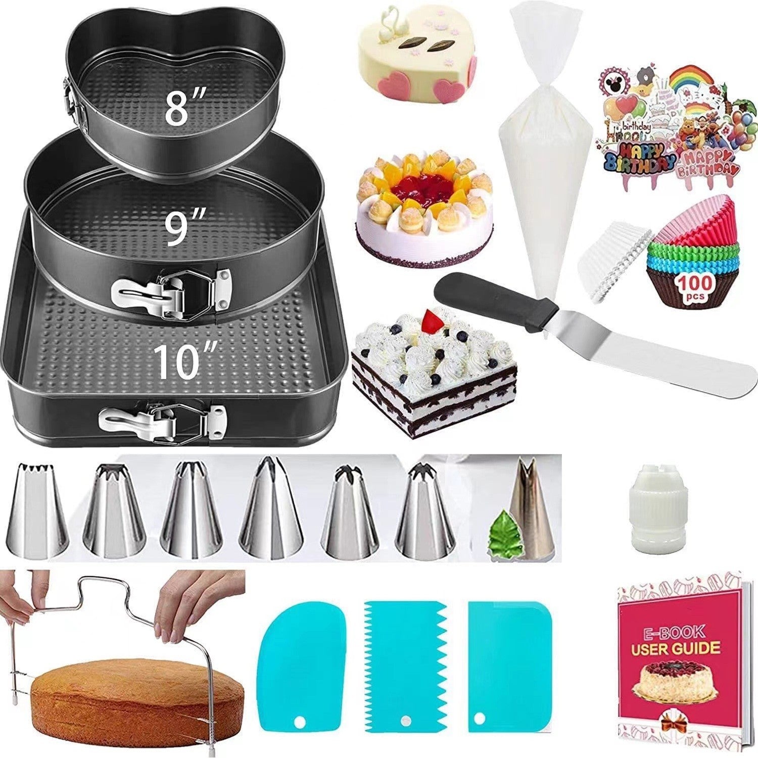 Set de 216 Piese de Copt pentru Prajituri, Flippy, 3 Tavi de Copt, Nivelator, Forme Cupcake, Pos pentru Ornat cu 7 Capete, Feliator Tort, din Otel Inoxidabil, Multicolor-0