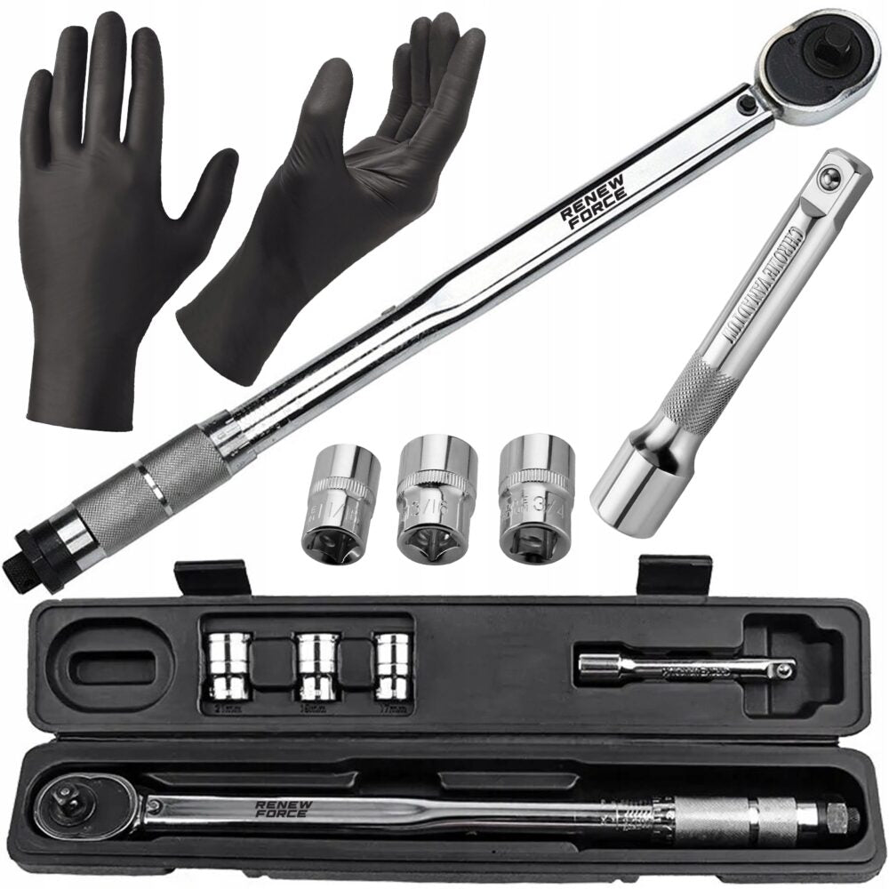 Set cheie dinamometrica din otel/crom, 1/2 inch, reglabila 28-210 Nm, cu 3 tubulare incluse si manusi-0
