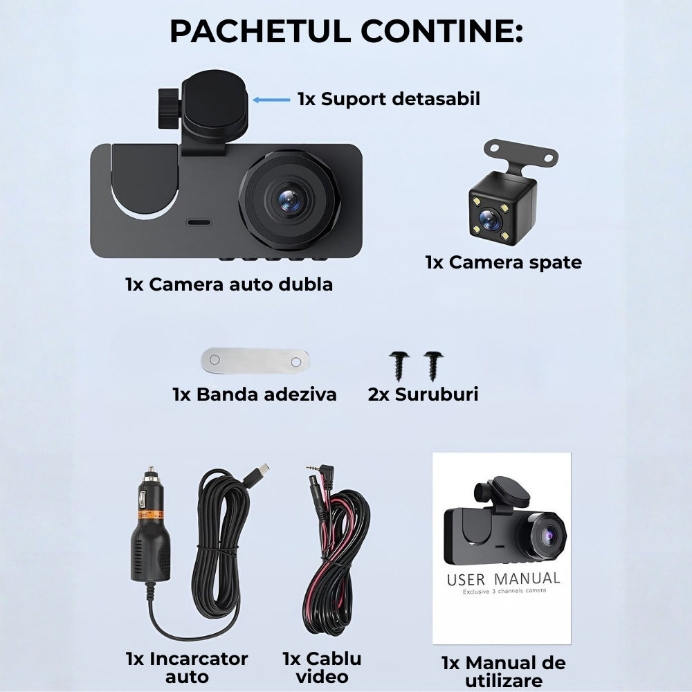 Cameră Auto Triplă DVR TRIPLE Road + Card 32GB – Înregistrare Față, Interior și Spate, WiFi, Vedere Nocturnă și Monitorizare Parcare