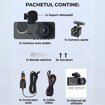 Cameră Auto Triplă DVR TRIPLE Road + Card 32GB – Înregistrare Față, Interior și Spate, WiFi, Vedere Nocturnă și Monitorizare Parcare