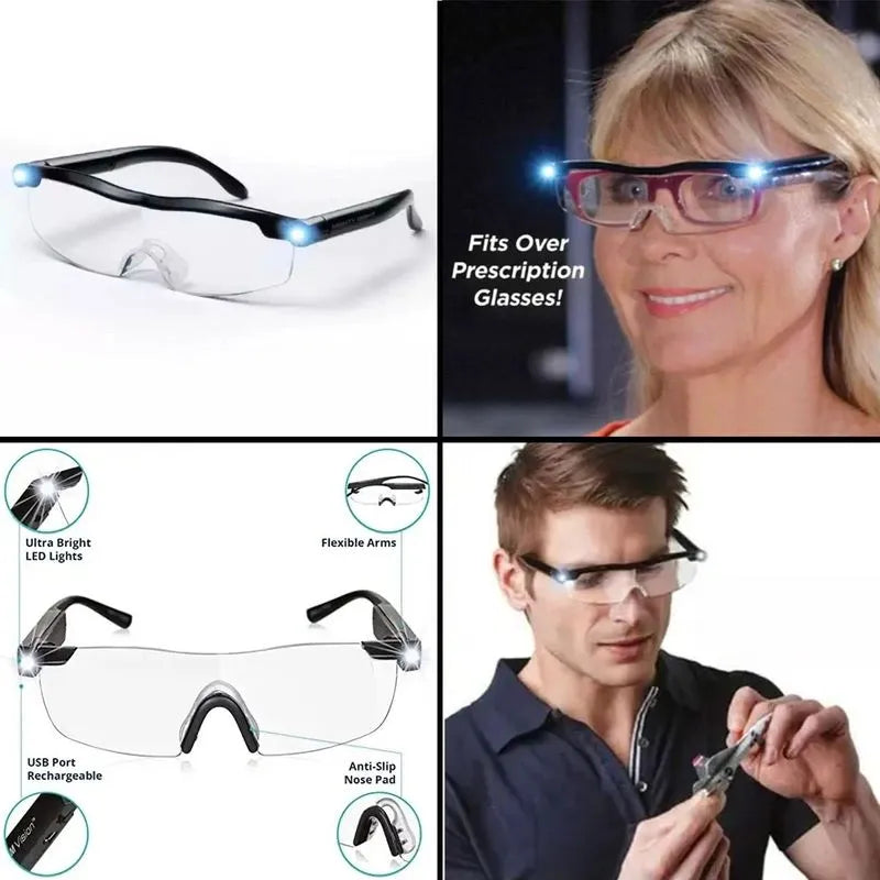 Ochelari cu lupa, zoom vision, led-uri ultra bright, reincarcabili usb, compatible cu ochelari de prescriptie, negru