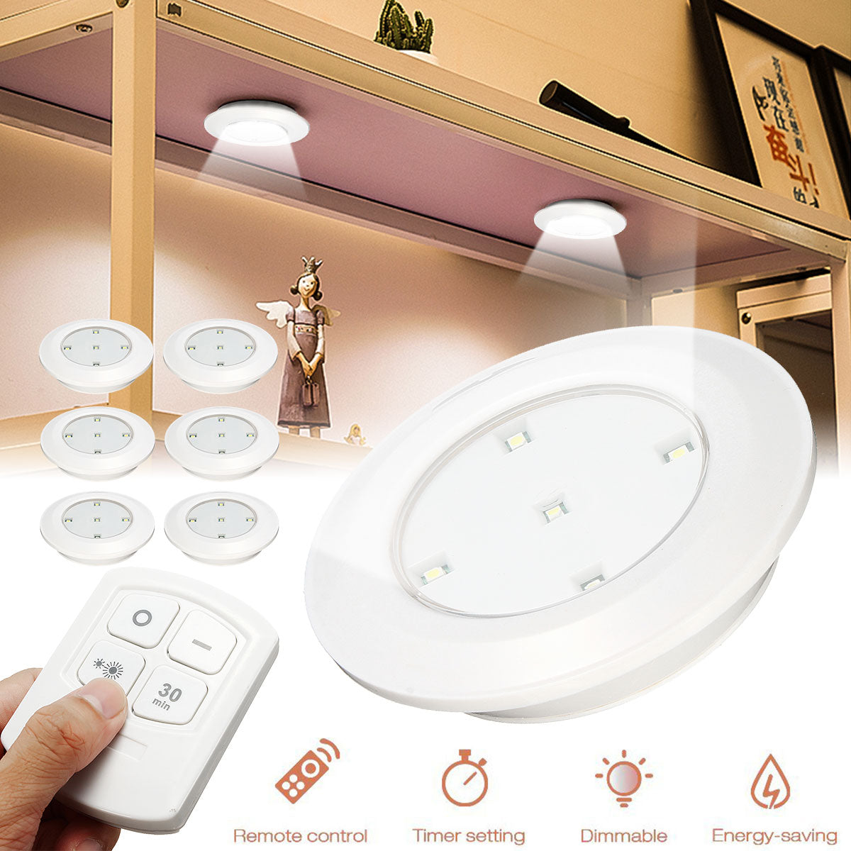 Set 6 Lampi LED Wireless, autoadezive, cu telecomanda, pentru iluminat scari sau mobilier-0