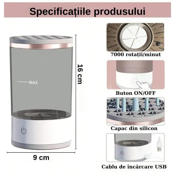 Aparat pentru Curățat Pensule de Machiaj 2-in-1 | Spală și Uscă Rapid și Igienic
