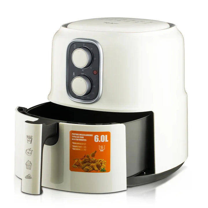 Friteuza cu aer Cald - Air Fryer RAF - 4.8L, 1600W, Control Manual, Circulare aer cald 360 grade, cu funcție Auto-Oprire, Alb, 3 ani Garanție + Carte de rețete electronică Cadou