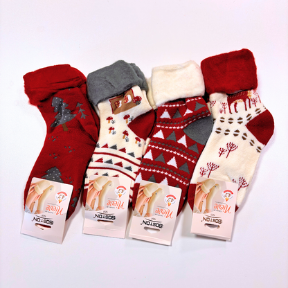 Set 4 Șosete din lână flaușate cu blăniță și model de Crăciun