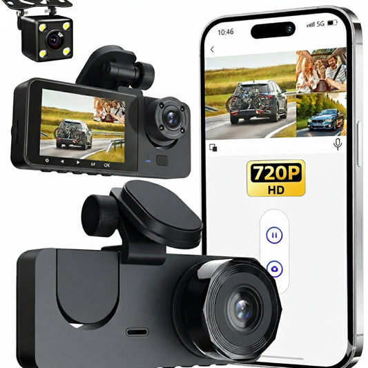 Cameră Auto Triplă DVR TRIPLE Road + Card 32GB – Înregistrare Față, Interior și Spate, WiFi, Vedere Nocturnă și Monitorizare Parcare