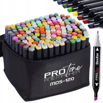 Set 120 Markere Profesionale pentru pasionatii de desen, cu cap dublu gros - subtire, cu geanta de depozitare, model AVX-WT-MDS-120-1