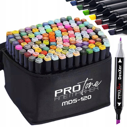 Set 120 Markere Profesionale pentru pasionatii de desen, cu cap dublu gros - subtire, cu geanta de depozitare, model AVX-WT-MDS-120-1