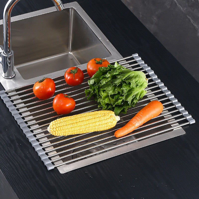 Covoras de Scurgere pentru Chiuveta Bucatarie, din Otel Inoxidabil, Suport Chiuveta, Pliabil, Antiderapant, Usor de Curatat si de Depozitat, 37x30cm, 15 Tuburi, Gri-2