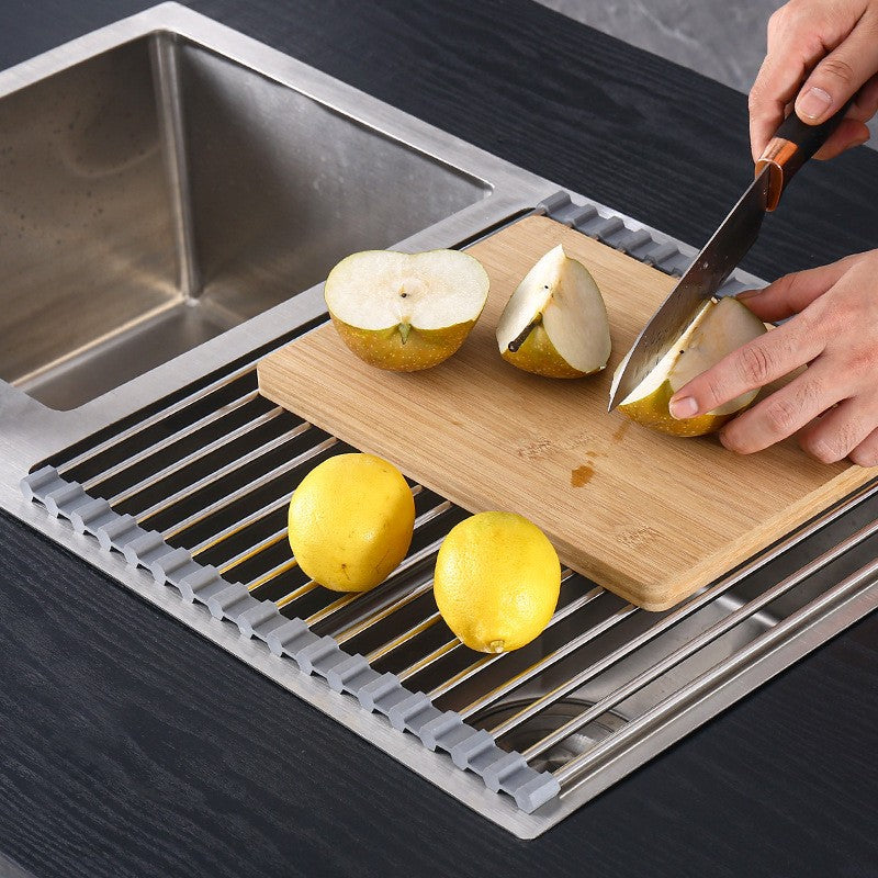 Covoras de Scurgere pentru Chiuveta Bucatarie, din Otel Inoxidabil, Suport Chiuveta, Pliabil, Antiderapant, Usor de Curatat si de Depozitat, 37x30cm, 15 Tuburi, Gri-3