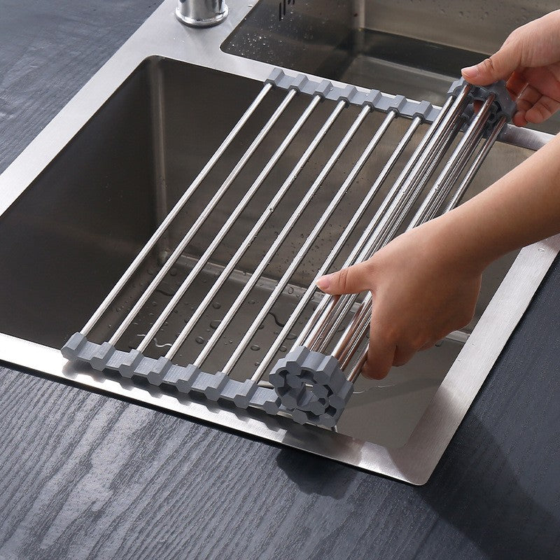 Covoras de Scurgere pentru Chiuveta Bucatarie, din Otel Inoxidabil, Suport Chiuveta, Pliabil, Antiderapant, Usor de Curatat si de Depozitat, 37x30cm, 15 Tuburi, Gri-4