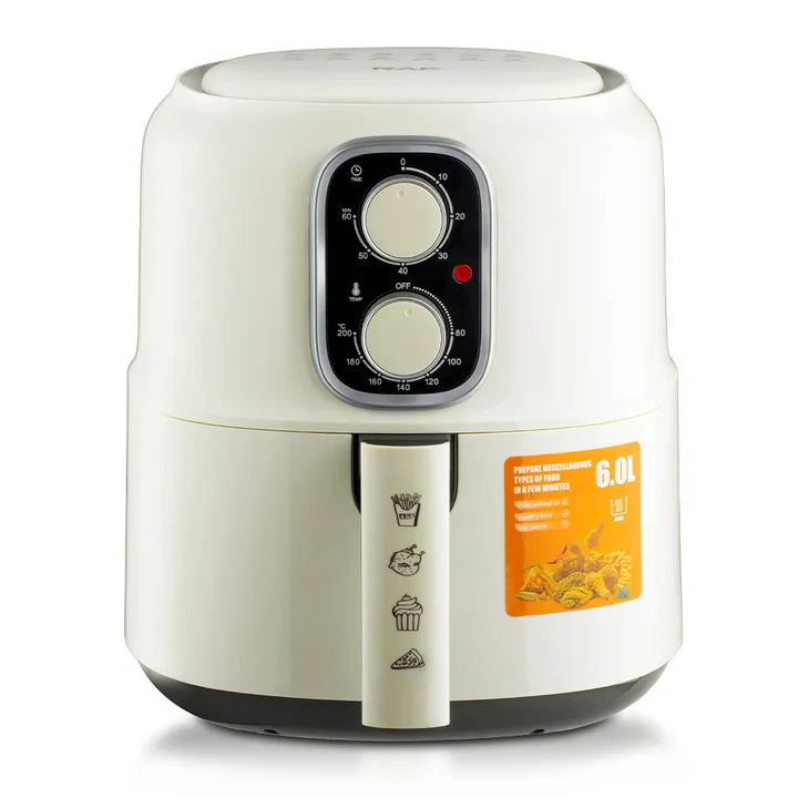 Friteuza cu aer Cald - Air Fryer RAF - 4.8L, 1600W, Control Manual, Circulare aer cald 360 grade, cu funcție Auto-Oprire, Alb, 3 ani Garanție + Carte de rețete electronică Cadou