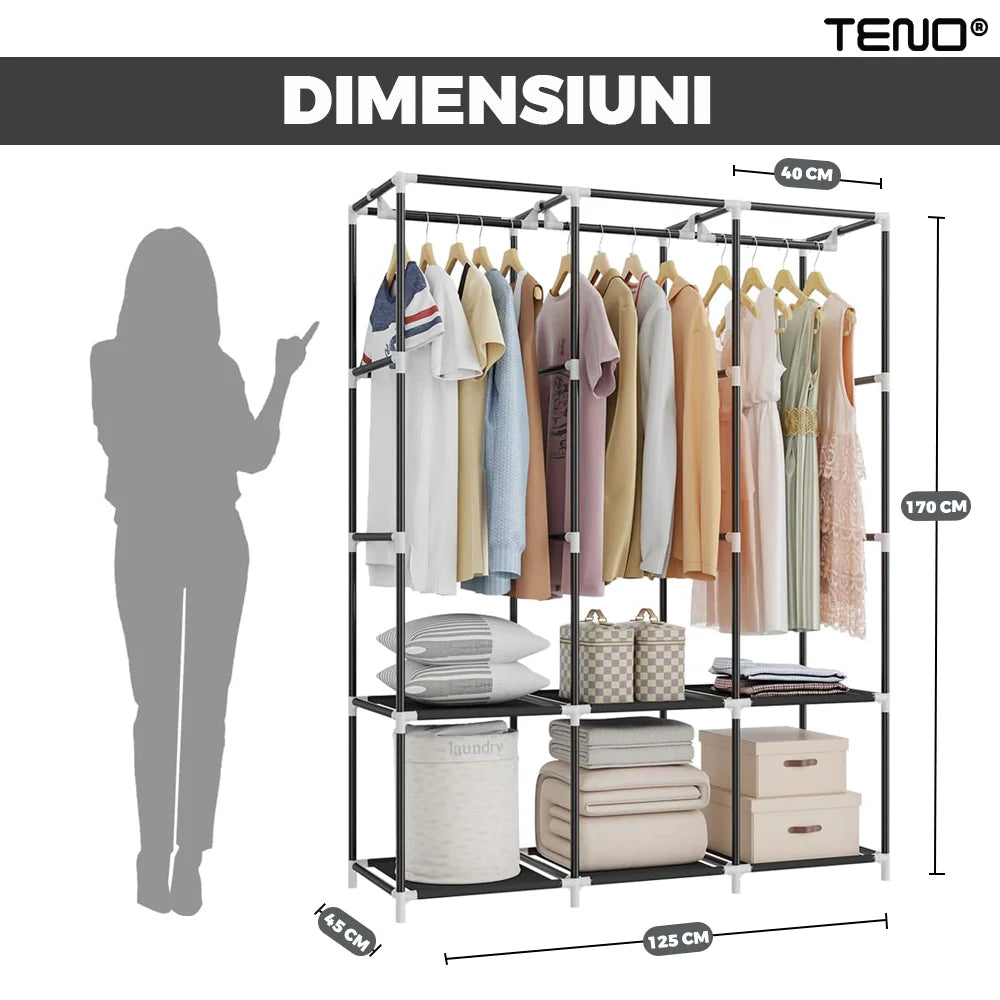 Dulap din Material Textil pentru Haine si Incaltaminte, impermeabil, 8 rafturi, inchidere fermoar, suport umerase, cadru otel, 170 cm, gri