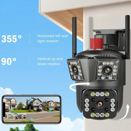 Camera de Supraveghere Tripla WIFI, 12MP, Exterior/Interior, Ultra HD, 5X zoom, Rotire, Leduri, Lumina, Comunicare Bidirectionala, Alarma, Senzor Miscare, Negru