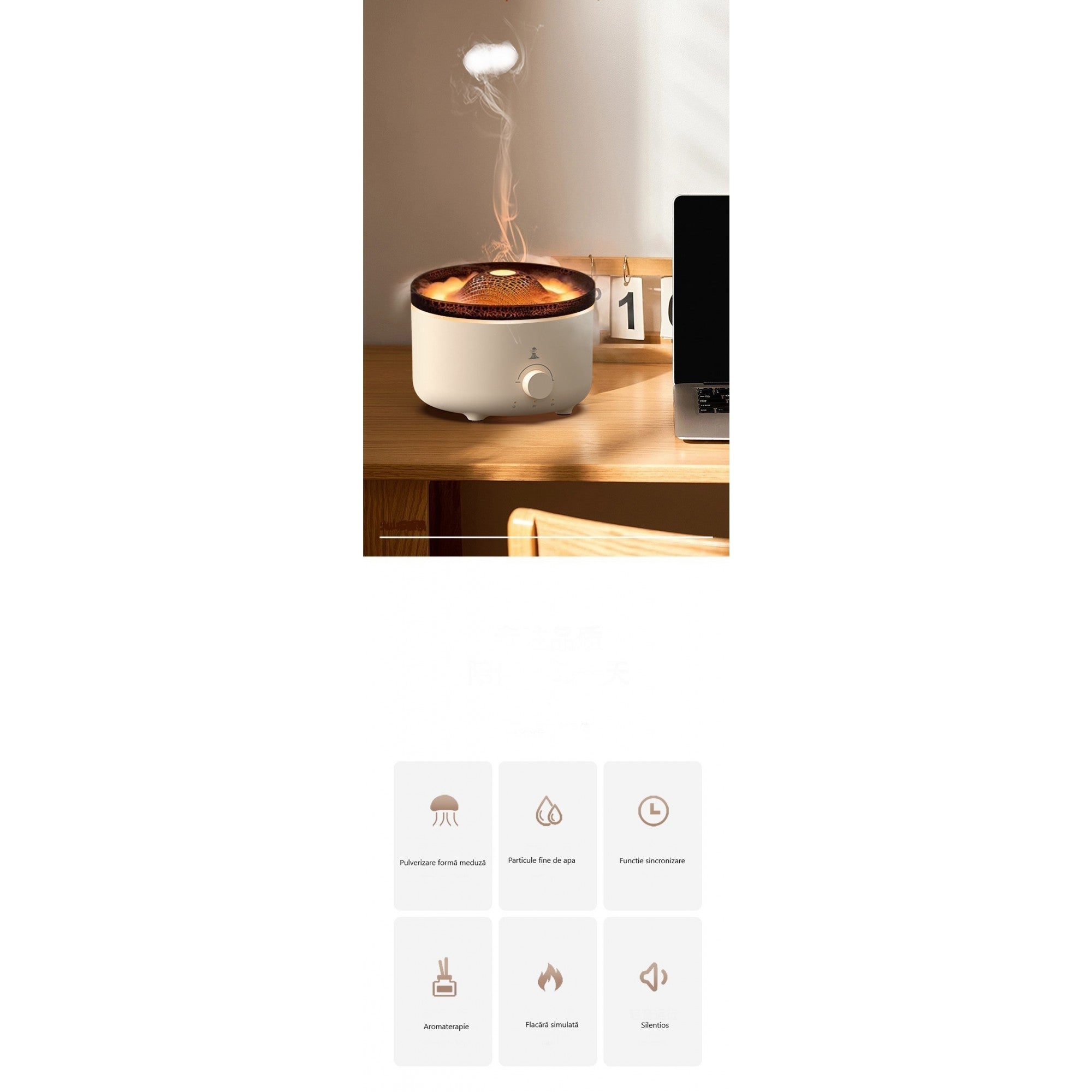 Umidificator de tip vulcan, Flippy, cu aromaterapie, cu telecomanda, 560 ml, model V21A, alb-6