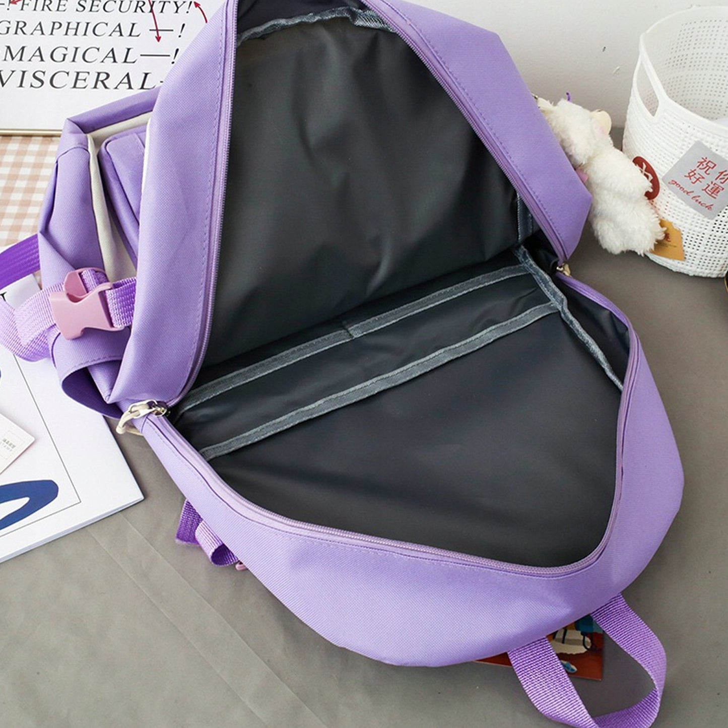 Set 4-in-1 pentru Scolari sau Prescolari - (rucsac, geanta de umar, plic elegant, penar), culoare VIOLET cu IEPURAS, Cod AVX-WT-BUNN-VIOLET-1