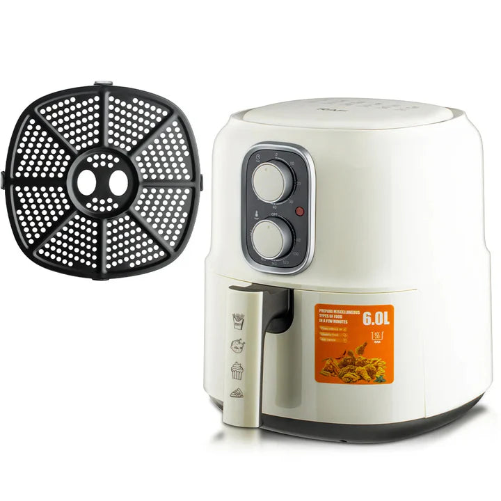 Friteuza cu aer Cald - Air Fryer RAF - 4.8L, 1600W, Control Manual, Circulare aer cald 360 grade, cu funcție Auto-Oprire, Alb, 3 ani Garanție + Carte de rețete electronică Cadou