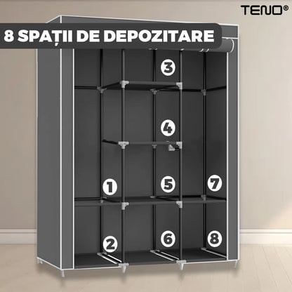 Dulap din Material Textil pentru Haine si Incaltaminte, impermeabil, 8 rafturi, inchidere fermoar, suport umerase, cadru otel, 170 cm, gri
