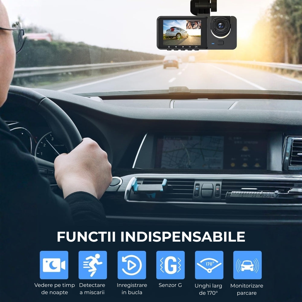 Cameră Auto Triplă DVR TRIPLE Road + Card 32GB – Înregistrare Față, Interior și Spate, WiFi, Vedere Nocturnă și Monitorizare Parcare