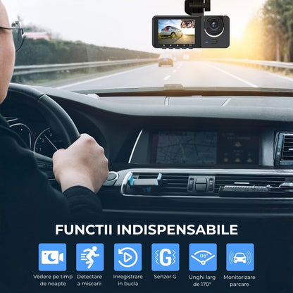 Cameră Auto Triplă DVR TRIPLE Road + Card 32GB – Înregistrare Față, Interior și Spate, WiFi, Vedere Nocturnă și Monitorizare Parcare