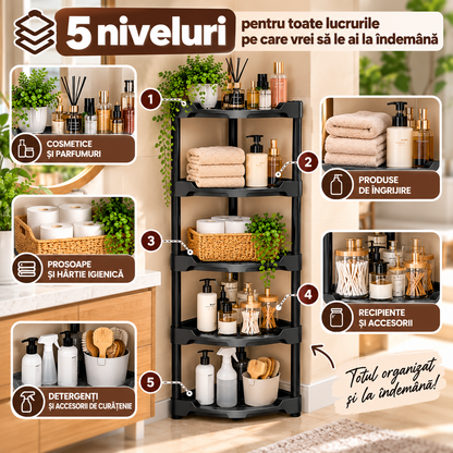 Etajeră de Colț Multifuncțională din Plastic, 5 Niveluri, 107,5 × 42 × 28,3 cm
