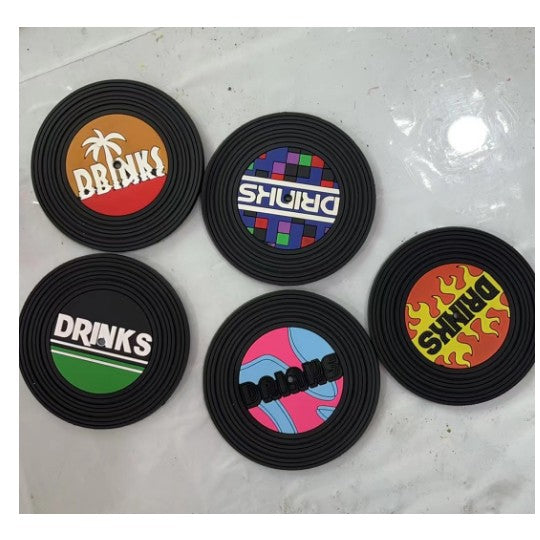 Set 5 Suporturi pentru Pahare, Flippy, PVC, Model Discuri, Diametru 9 cm, Multicolore-0