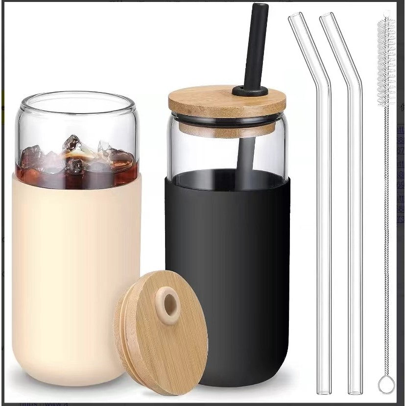 Set 2 Pahare din Sticla Termoizolante Transparente, Flippy, Capace si Paie Incluse, 500 mL, Silicon Negru si Crem-0