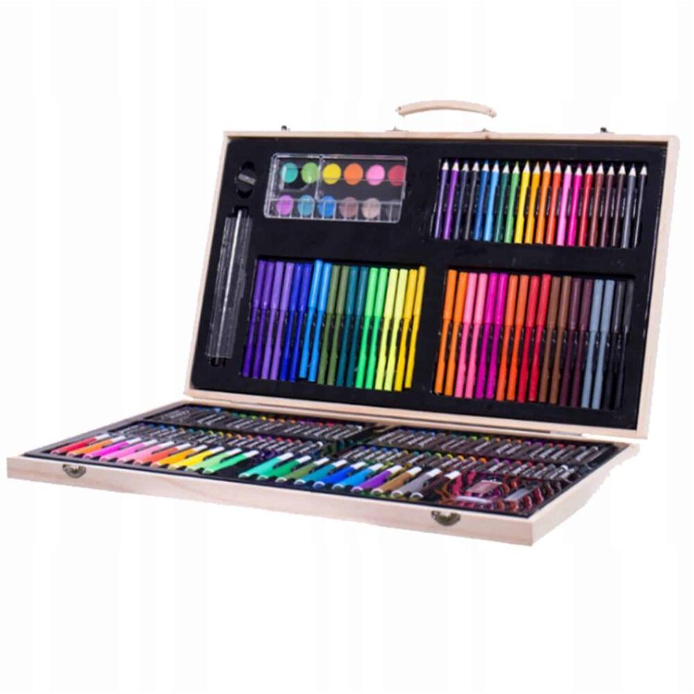 Set 180 piese pentru desen pentru copii sau adulti, creioane colorate, vopsele si markere, cu geanta de transport din LEMN MASIV, model AVX-WT-ART-10-4