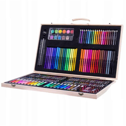 Set 180 piese pentru desen pentru copii sau adulti, creioane colorate, vopsele si markere, cu geanta de transport din LEMN MASIV, model AVX-WT-ART-10-4