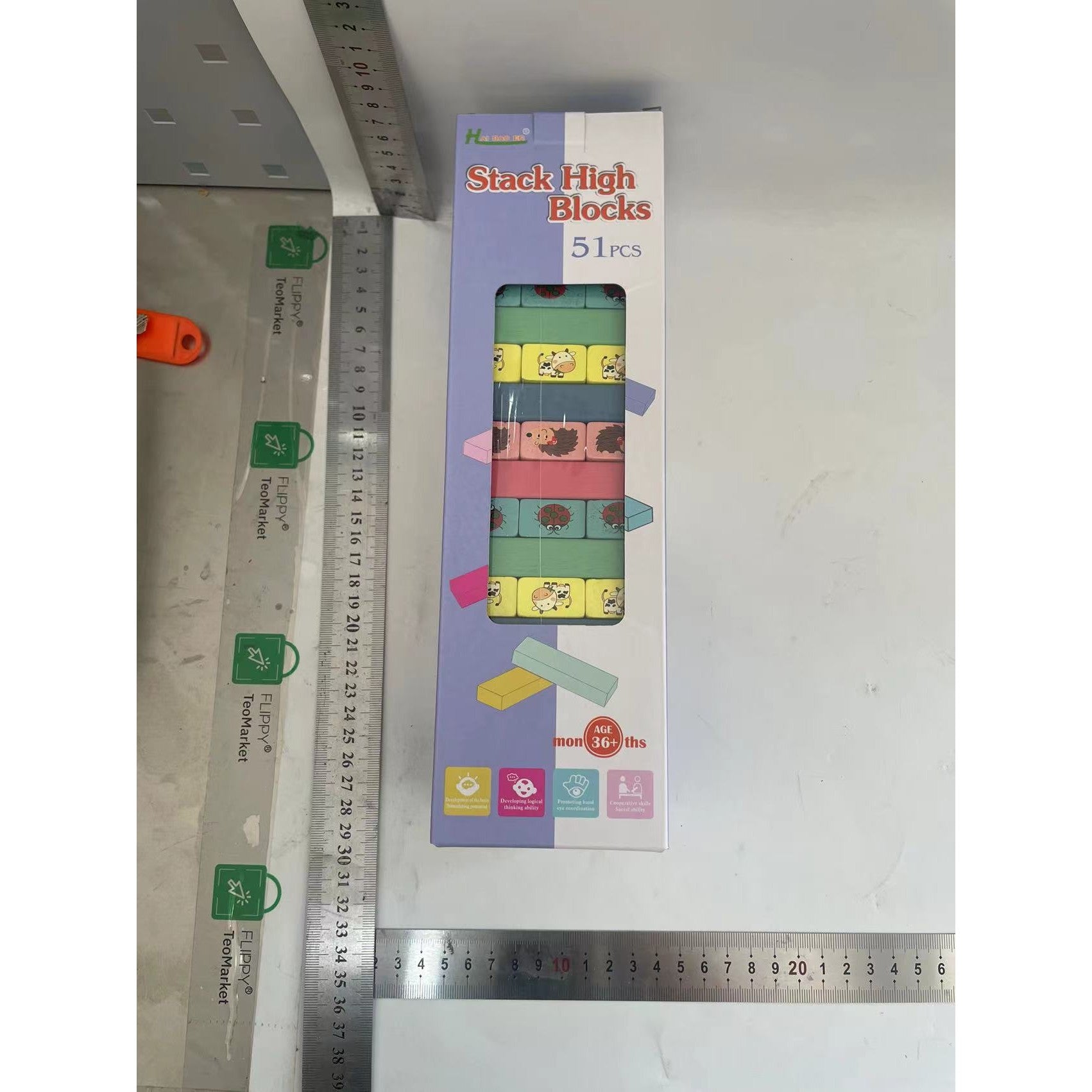 Joc de Societate, Flippy, pentru Copii, din Lemn, Interactiv, Distractiv, Jenga Stack High Blocks, cu Zar, 51 de Piese Animate, 24.5x18x5 cm, Multicolor-1
