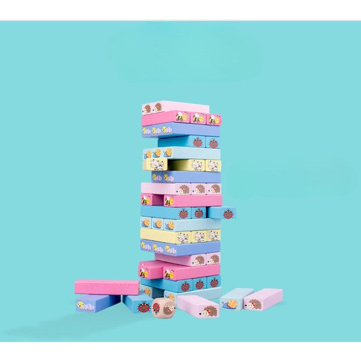 Joc de Societate, Flippy, pentru Copii, din Lemn, Interactiv, Distractiv, Jenga Stack High Blocks, cu Zar, 51 de Piese Animate, 24.5x18x5 cm, Multicolor-2