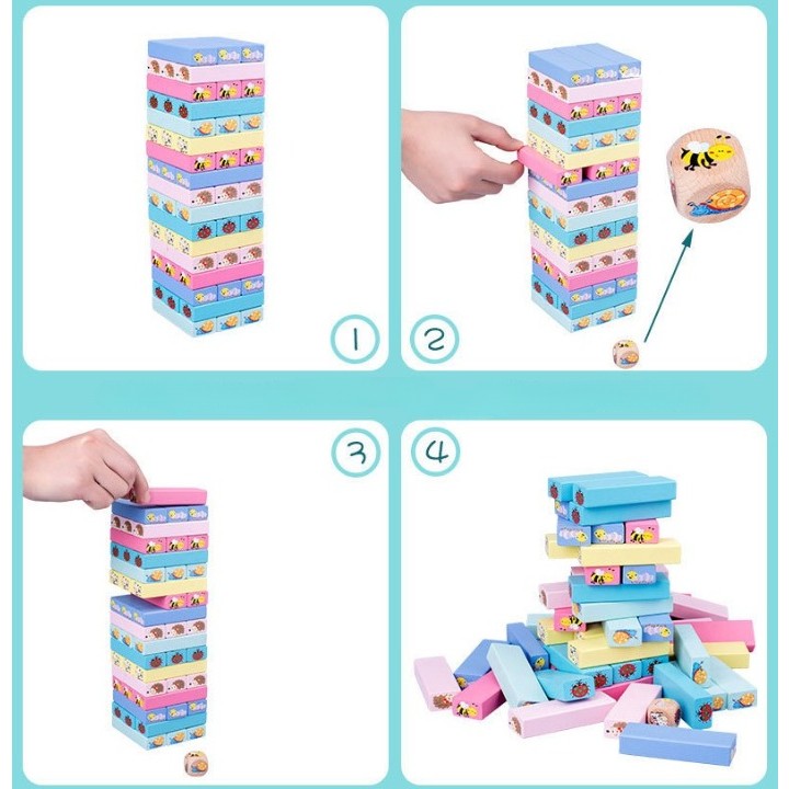 Joc de Societate, Flippy, pentru Copii, din Lemn, Interactiv, Distractiv, Jenga Stack High Blocks, cu Zar, 51 de Piese Animate, 24.5x18x5 cm, Multicolor-3