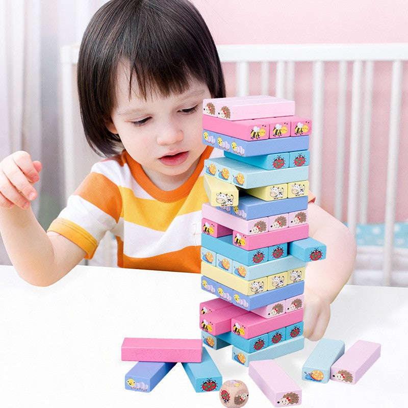 Joc de Societate, Flippy, pentru Copii, din Lemn, Interactiv, Distractiv, Jenga Stack High Blocks, cu Zar, 51 de Piese Animate, 24.5x18x5 cm, Multicolor-10