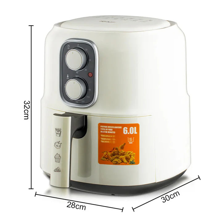 Friteuza cu aer Cald - Air Fryer RAF - 4.8L, 1600W, Control Manual, Circulare aer cald 360 grade, cu funcție Auto-Oprire, Alb, 3 ani Garanție + Carte de rețete electronică Cadou