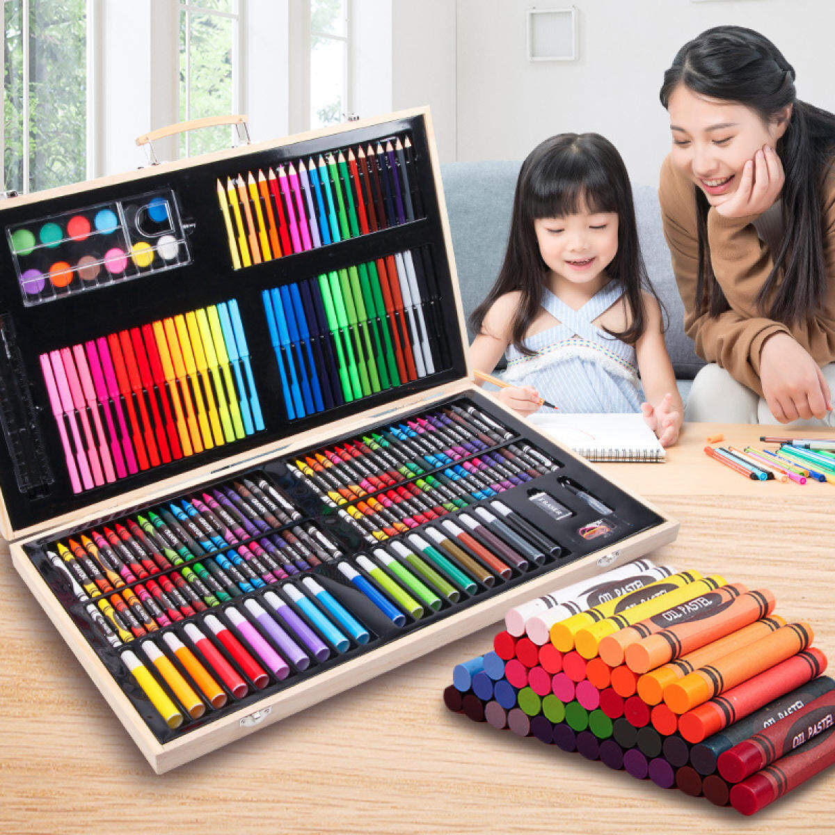 Set 180 piese pentru desen pentru copii sau adulti, creioane colorate, vopsele si markere, cu geanta de transport din LEMN MASIV, model AVX-WT-ART-10-0