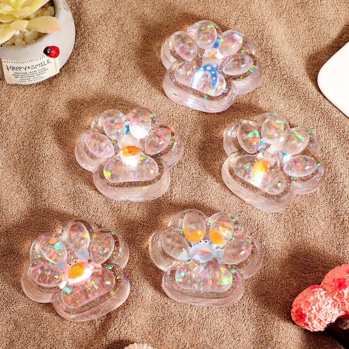 5 Jucarii Antistres Squishy, Flippy, cu Revenire Lenta, Model Cat Paw, 6.5x6.1 cm, 62g, Ambalaj Transparent, 5 Modele cu Flori, Transparent-0