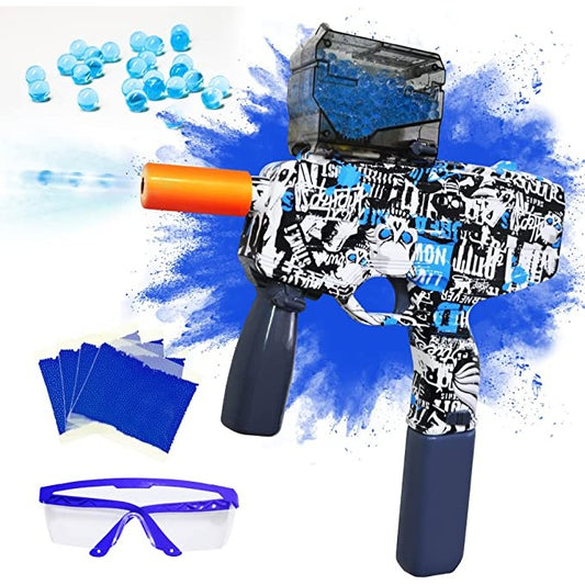 Mitraliera de jucarie electrica Flippy cu bile de hidrogen de gel, gun bluster, tragere in rafala, varsta peste 6 ani, ochelari de protectie, 5000 de bile incluse, cablu de incarcare, 40.1 x 31.6 cm, Mp9, albastru-1