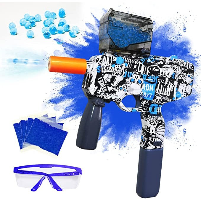 Mitraliera de jucarie electrica Flippy cu bile de hidrogen de gel, gun bluster, tragere in rafala, varsta peste 6 ani, ochelari de protectie, 5000 de bile incluse, cablu de incarcare, 40.1 x 31.6 cm, Mp9, albastru-1