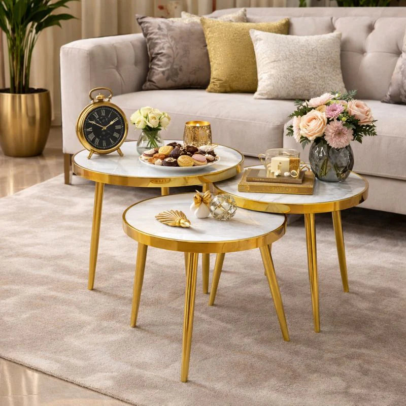 Set 3 Măsuțe de Cafea Tip Nesting – Blat Marmură, Alb & Auriu, Design Premium
