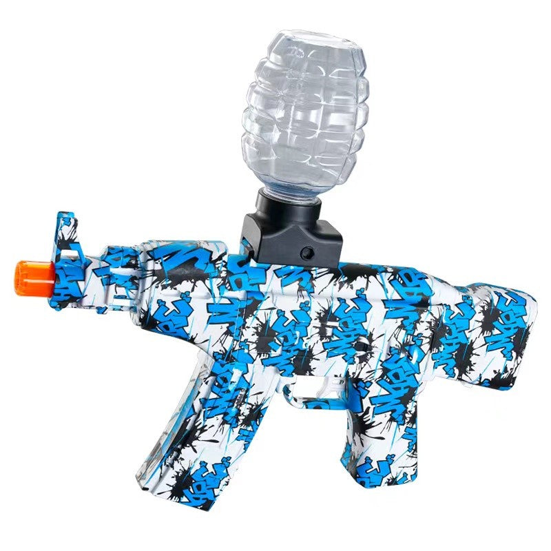 Mitraliera de jucarie electrica Flippy cu bile de hidrogen de gel, gun bluster, tragere in rafala, varsta peste 6 ani, sageti cu ventuze de spuma, amorizor, ochelari de protectie, 5000 de bile incluse, cablu de incarcare, 28x31 cm, AK47, albastr-0