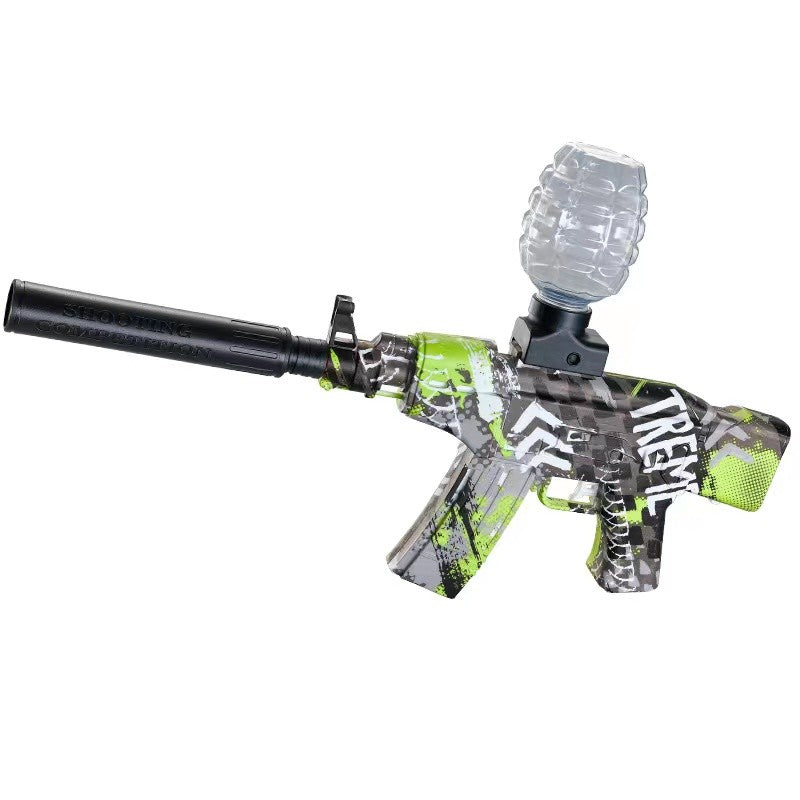 Mitraliera de jucarie electrica Flippy cu bile de hidrogen de gel, gun bluster, tragere in rafala, varsta peste 6 ani, sageti cu ventuze de spuma, amortizor, ochelari de protectie,  5000 de bile incluse, cablu de incarcare, 28x31 cm, AK47, verde-1