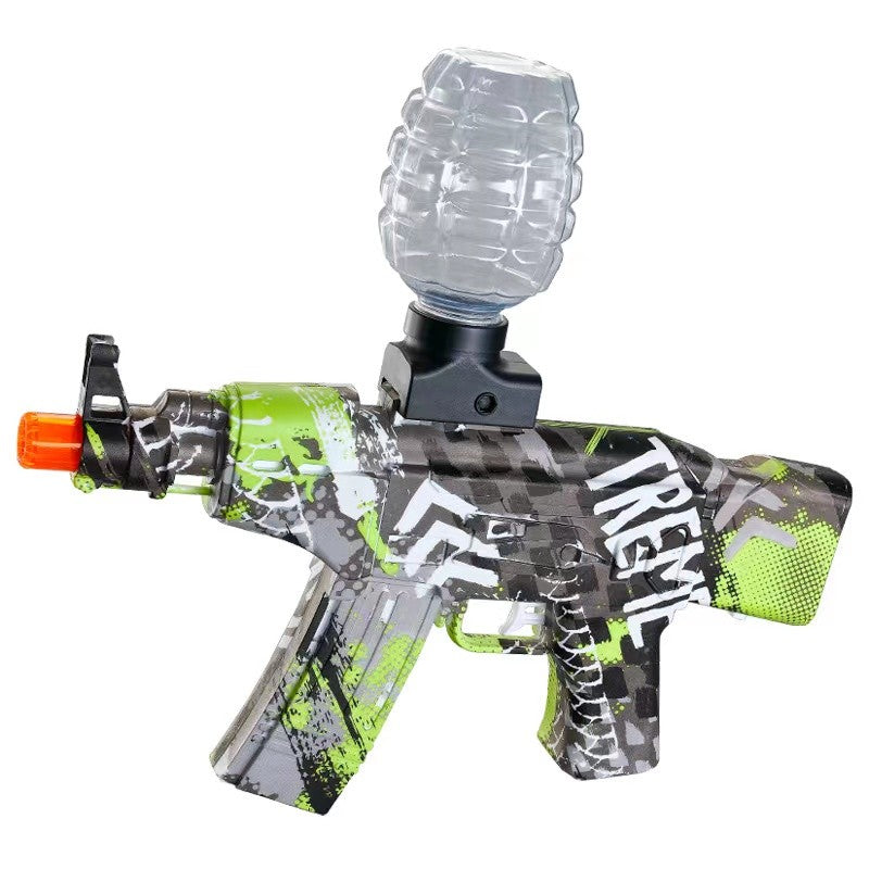 Mitraliera de jucarie electrica Flippy cu bile de hidrogen de gel, gun bluster, tragere in rafala, varsta peste 6 ani, sageti cu ventuze de spuma, amortizor, ochelari de protectie,  5000 de bile incluse, cablu de incarcare, 28x31 cm, AK47, verde-0