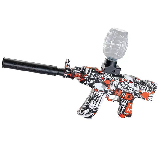 Mitraliera de jucarie electrica Flippy cu bile de hidrogen de gel, gun bluster, tragere in rafala, varsta peste 6 ani, sageti cu ventuze de spuma, amortizor, ochelari de protectie, 5000 de bile incluse, cablu de incarcare, 28x31 cm, AK47, rosu-1