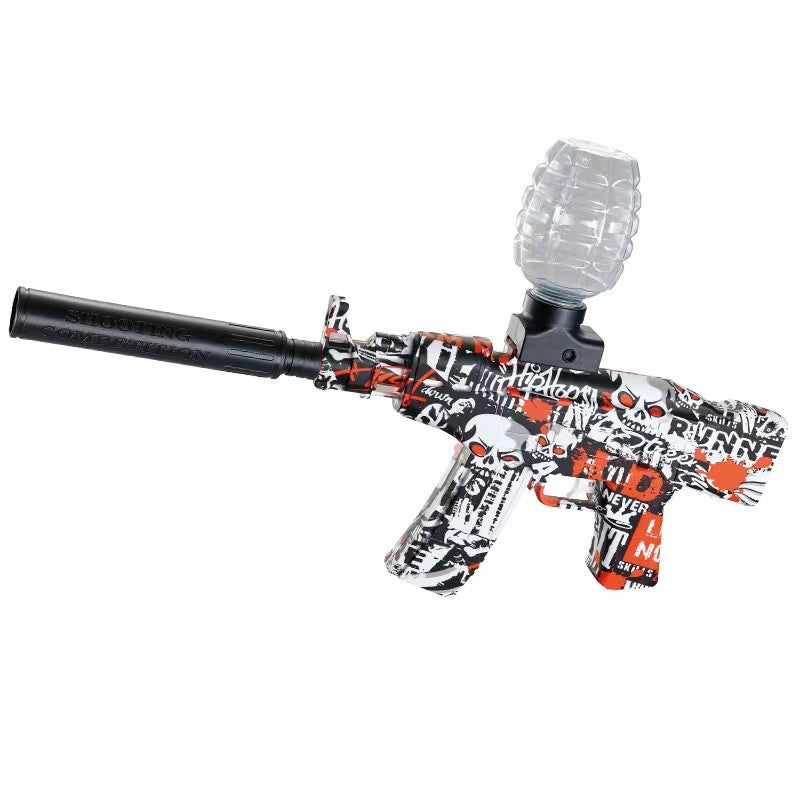 Mitraliera de jucarie electrica Flippy cu bile de hidrogen de gel, gun bluster, tragere in rafala, varsta peste 6 ani, sageti cu ventuze de spuma, amortizor, ochelari de protectie, 5000 de bile incluse, cablu de incarcare, 28x31 cm, AK47, rosu-1
