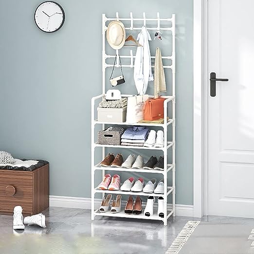 Cuier Multifuncțional Metalic cu Suport Pantofi și 8 Cârlige, Metalic, 5 Polițe, 170x80x26 cm