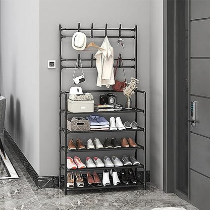 Cuier Multifuncțional Metalic cu Suport Pantofi și 8 Cârlige, Metalic, 5 Polițe, 170x80x26 cm