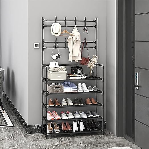 Cuier Multifuncțional Metalic cu Suport Pantofi și 8 Cârlige, Metalic, 5 Polițe, 170x80x26 cm