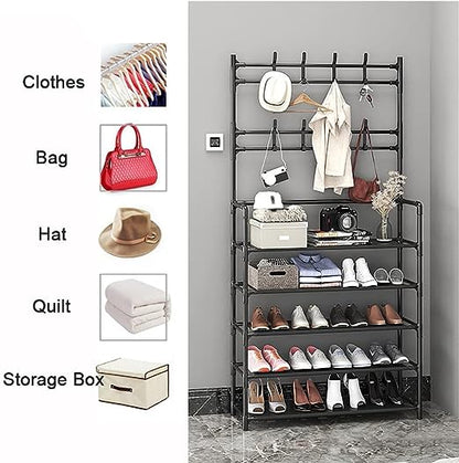Cuier Multifuncțional Metalic cu Suport Pantofi și 8 Cârlige, Metalic, 5 Polițe, 170x80x26 cm