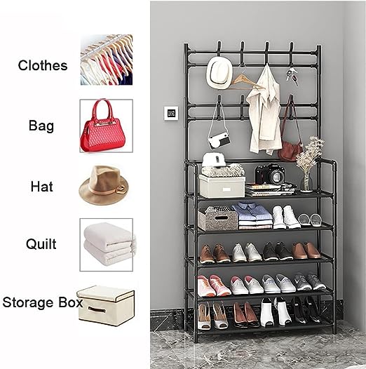 Cuier Multifuncțional Metalic cu Suport Pantofi și 8 Cârlige, Metalic, 5 Polițe, 170x80x26 cm